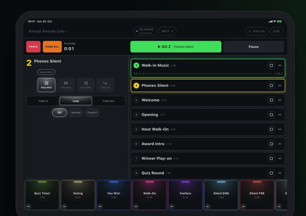 GoCue on iPad: the live screen of the demo show Annual Awards Gala with cue list, GO button, PANIC and FADE ALL