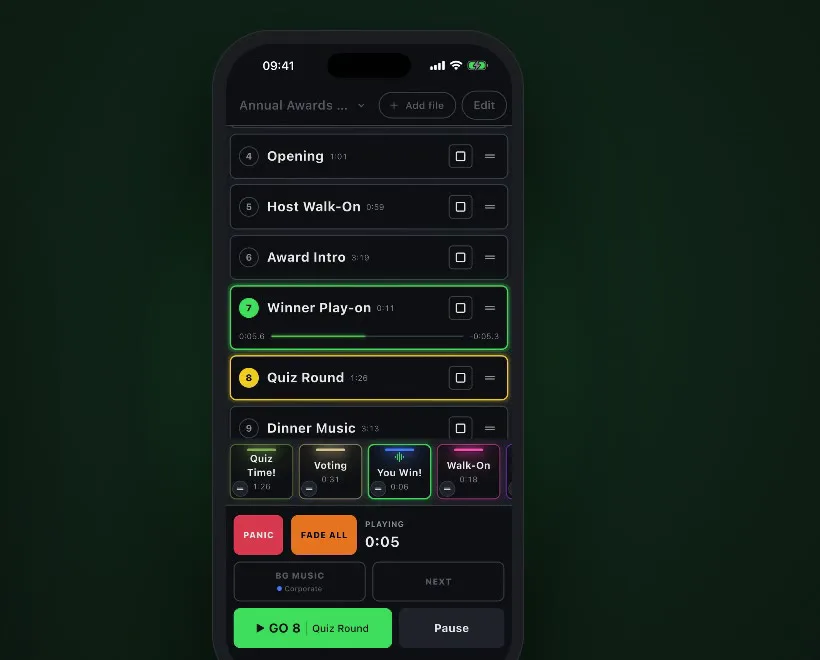 GoCue on iPhone in portrait with cue list, hits and transport bar