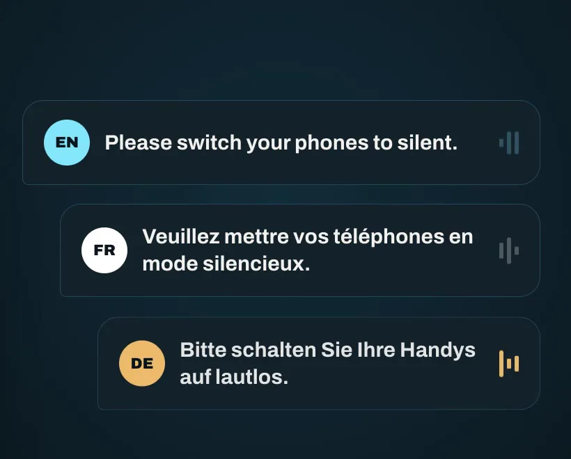 The same announcement in English, French and German speech bubbles