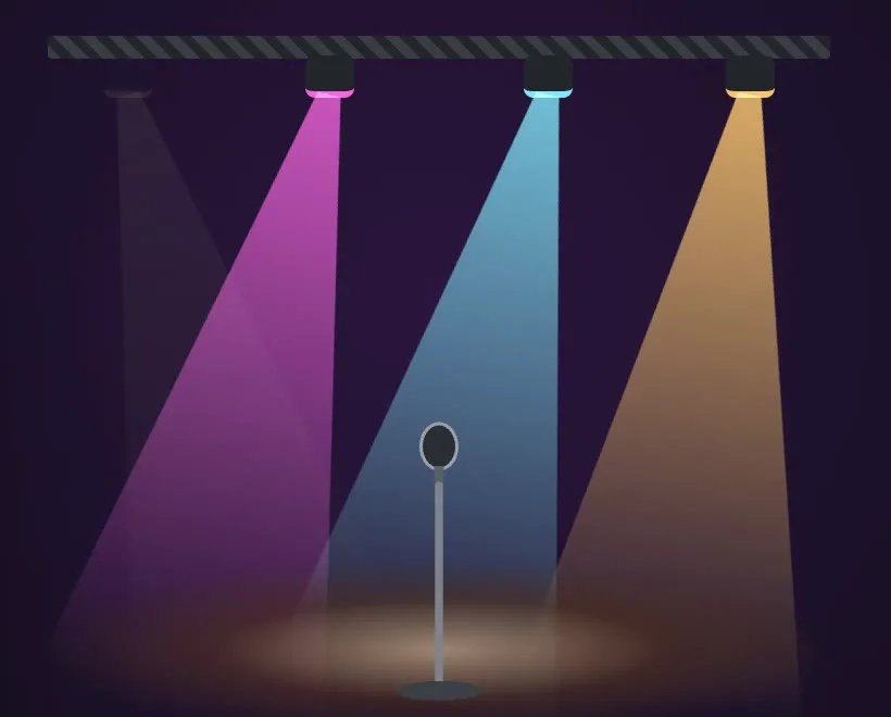 Three coloured spotlights on an empty stage microphone
